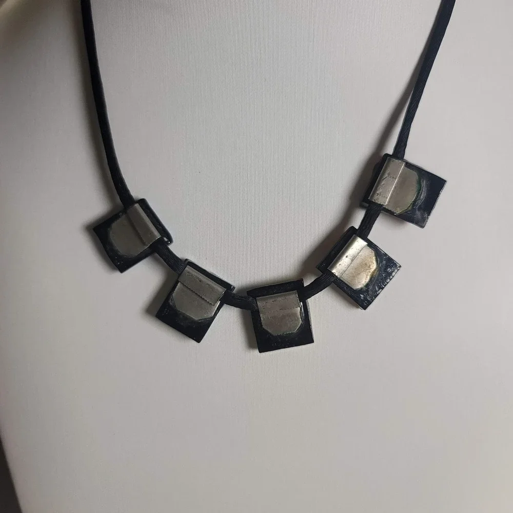 Dichroic Glass Iridescent‎ Square Pendant Black Cord Necklace Multicolor Artisan